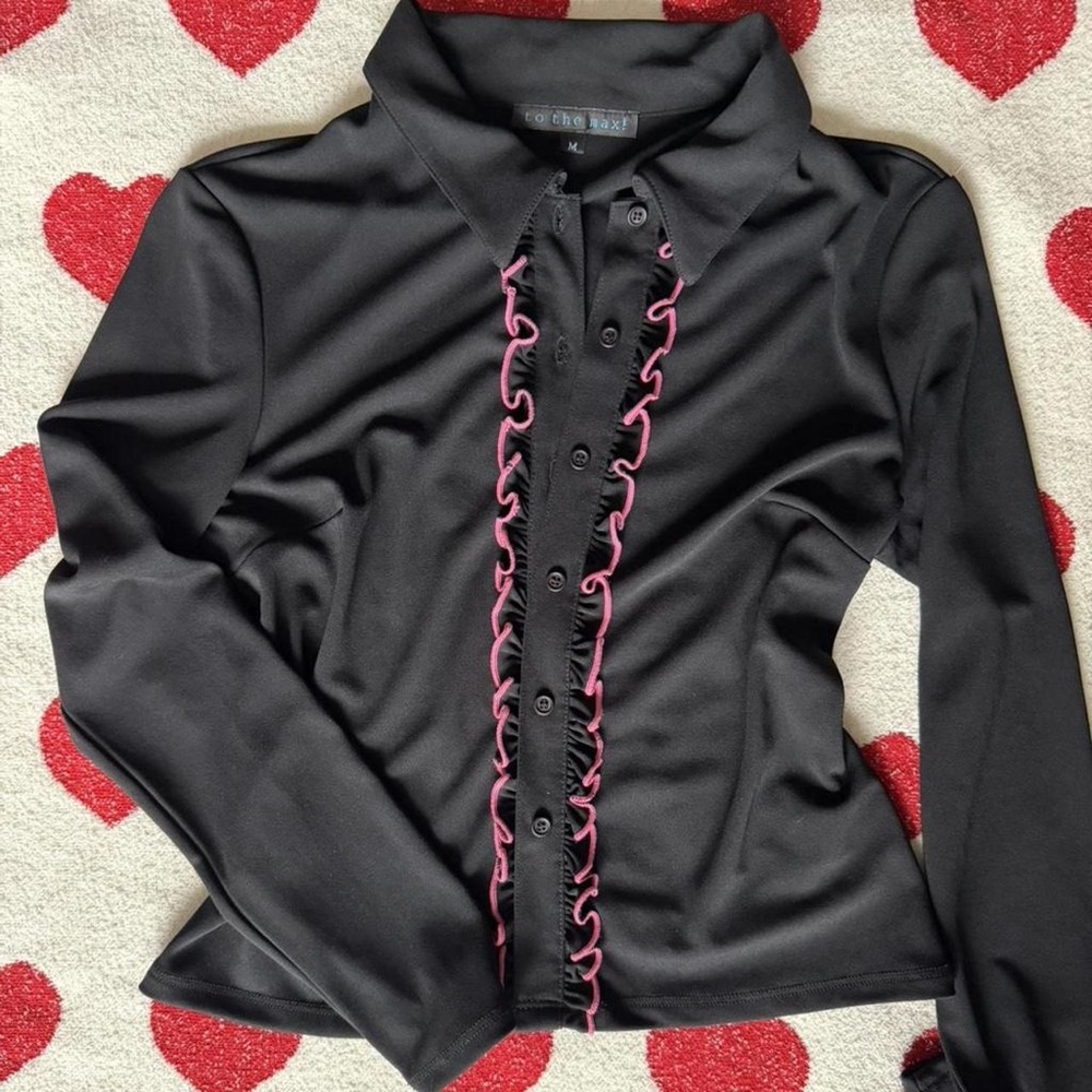 To the Max Black Button-Up Blouse with Pink Accents